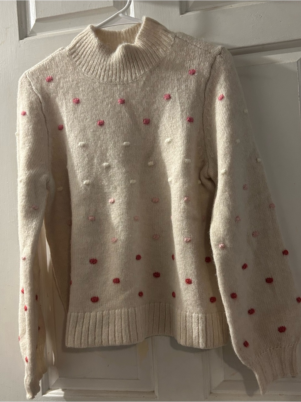 LOFT Cream Mock Neck Sweater with Pink and Red Dot Accents